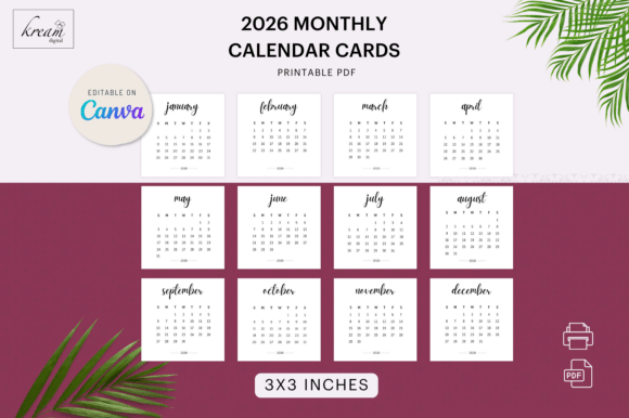 Download 3x3 Monthly Calendar Cards - Month Collection